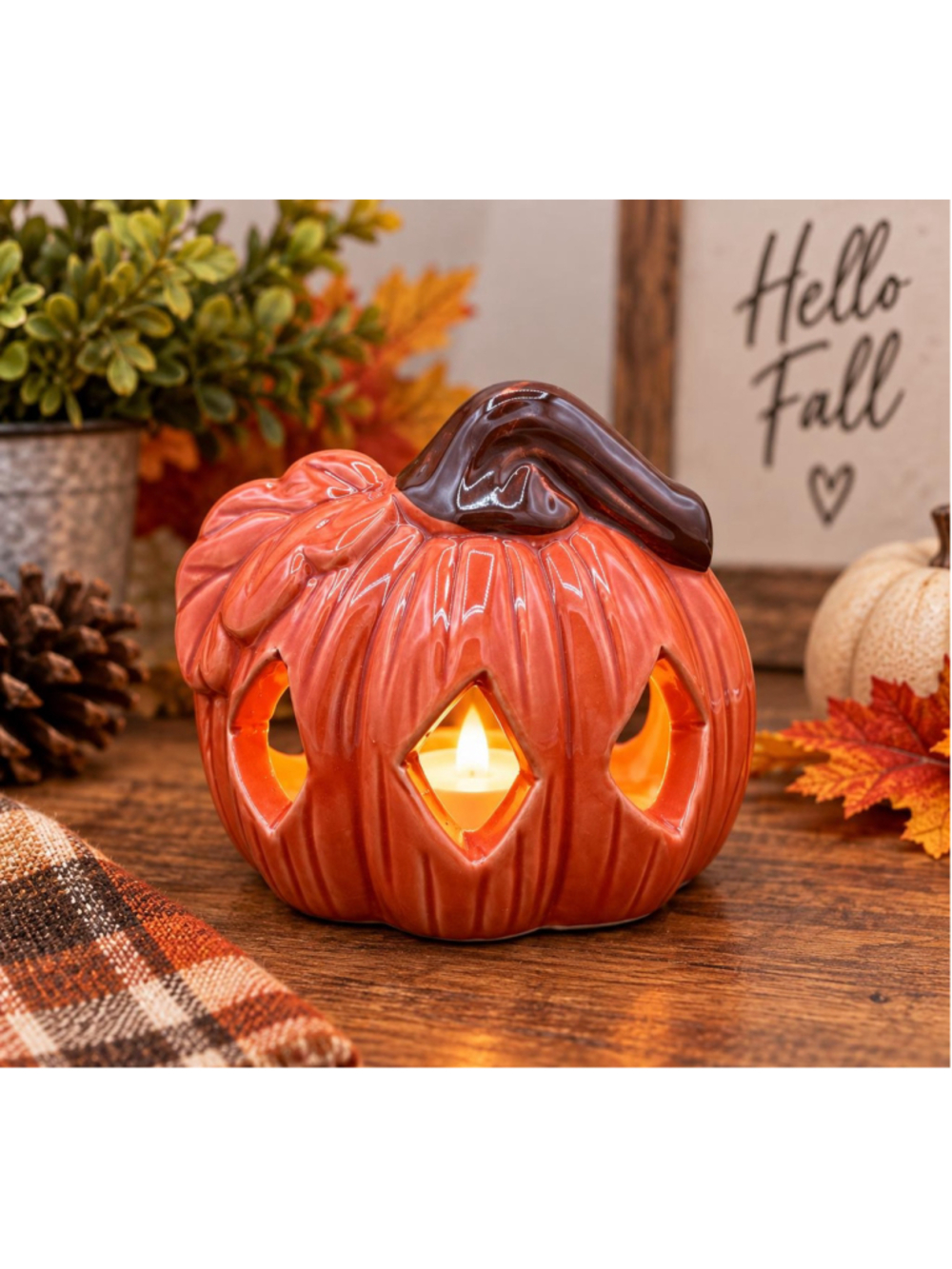 Ceramic Pumpkin Tealight Candle Holder Luminary Orange Brown Fall Halloween